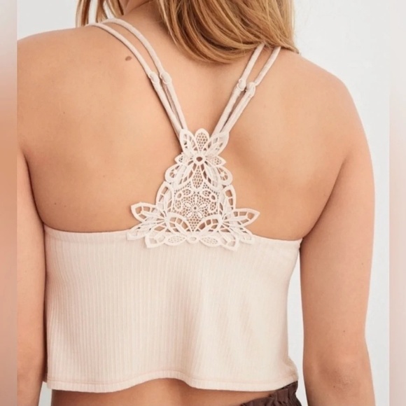 aerie Tops - Aerie Ribbed Applique Lace Crop Tank Bralette- Light Tan‎ NWT